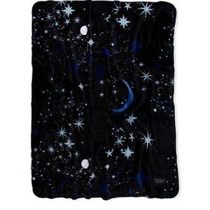 Victoria Secret Blanket Plush Fleece Celestial Moon and Stars Printed Black Blue